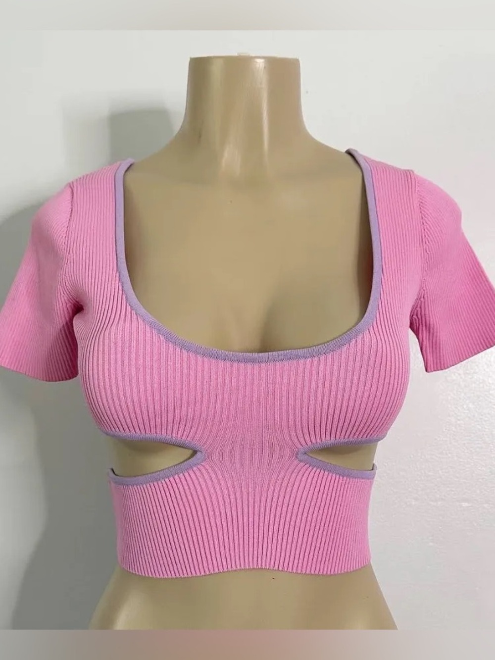POSTER GIRL Pink Ribbed Cutout Crop Top with Lilac Trim